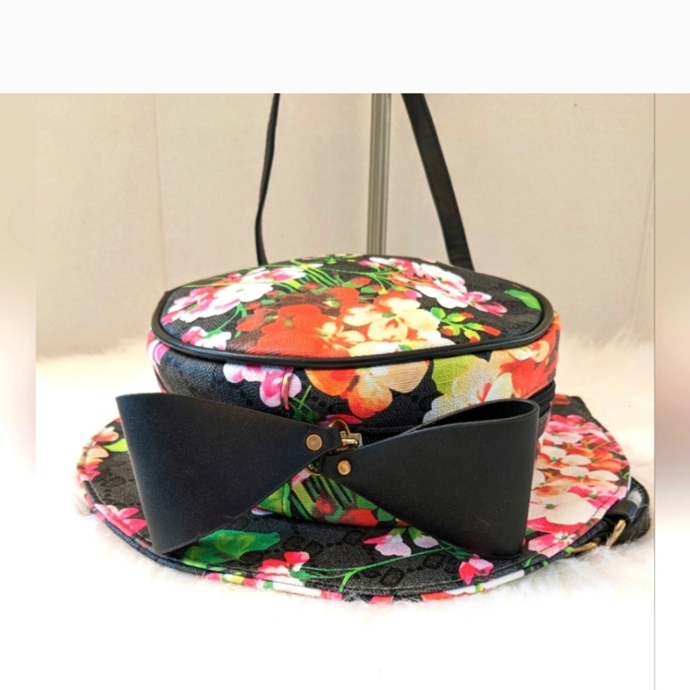 Ladies Teen Child Black Hat shaped shoulder backpack, bag floral design